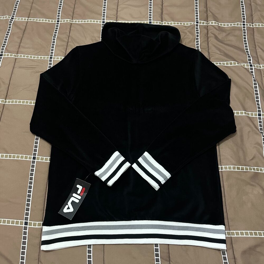 Fila Velour Hoodie 1/4 Zip Pullover Sweatshirt Black - Picture 2 of 6